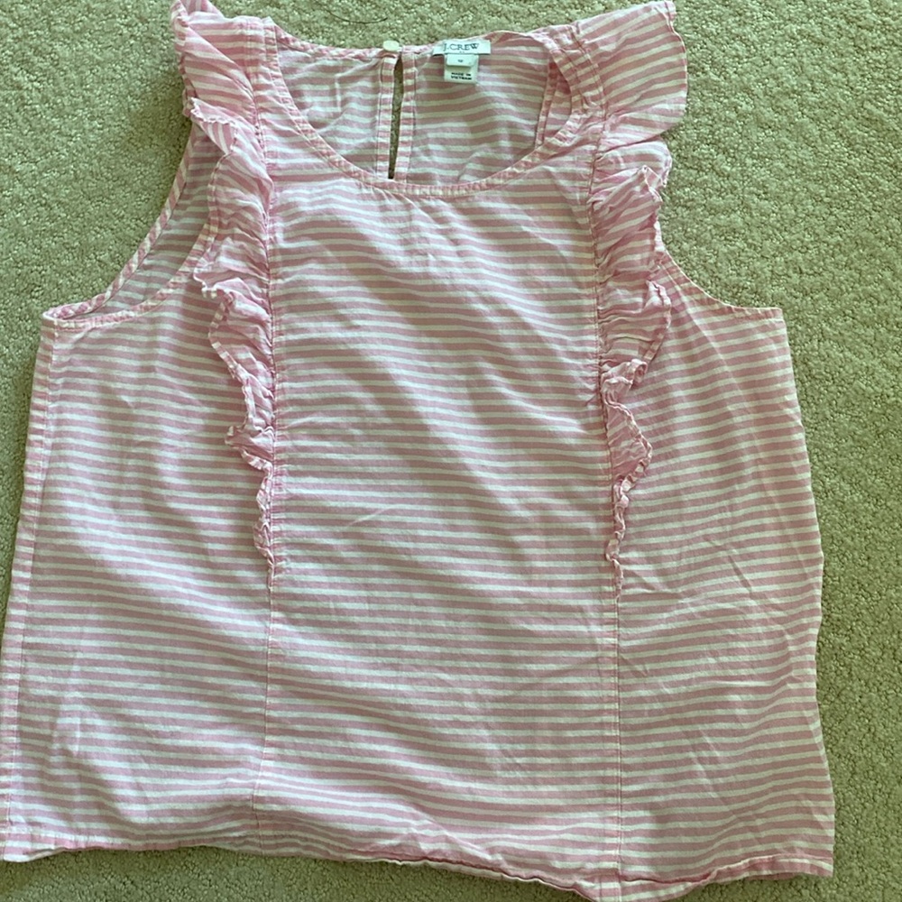J. CREW PINK AND WHITE STRIPED SLEEVELESS RUFFLE TOP
